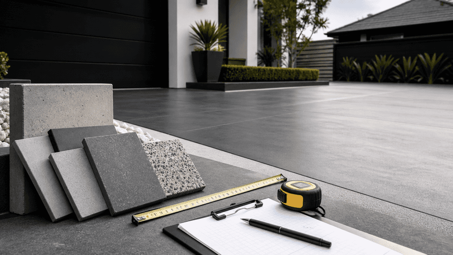 Concrete driveway guide planning scene with samples, tools, and a modern Pittsburgh driveway