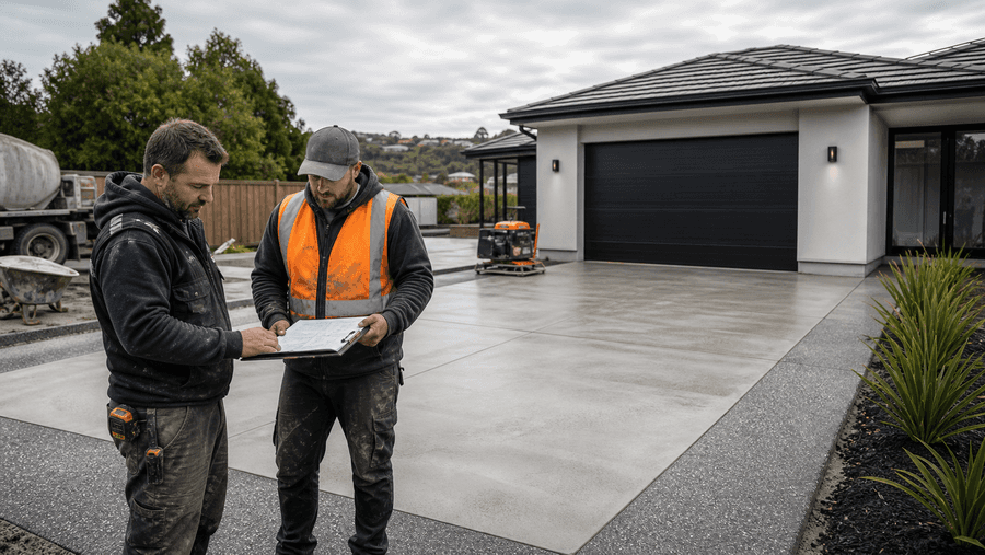 Two concrete contractors reviewing plans beside a finished Pittsburgh driveway