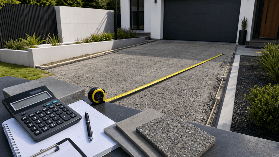 Driveway cost planning scene with measuring tape, calculator, and concrete samples