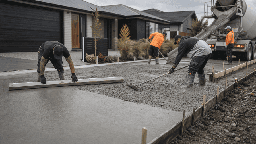 Concrete layers screeding fresh concrete for an Pittsburgh residential driveway