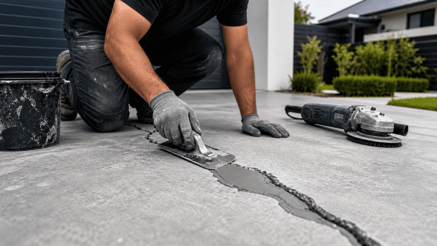 Concrete repair contractor filling a driveway crack with professional tools