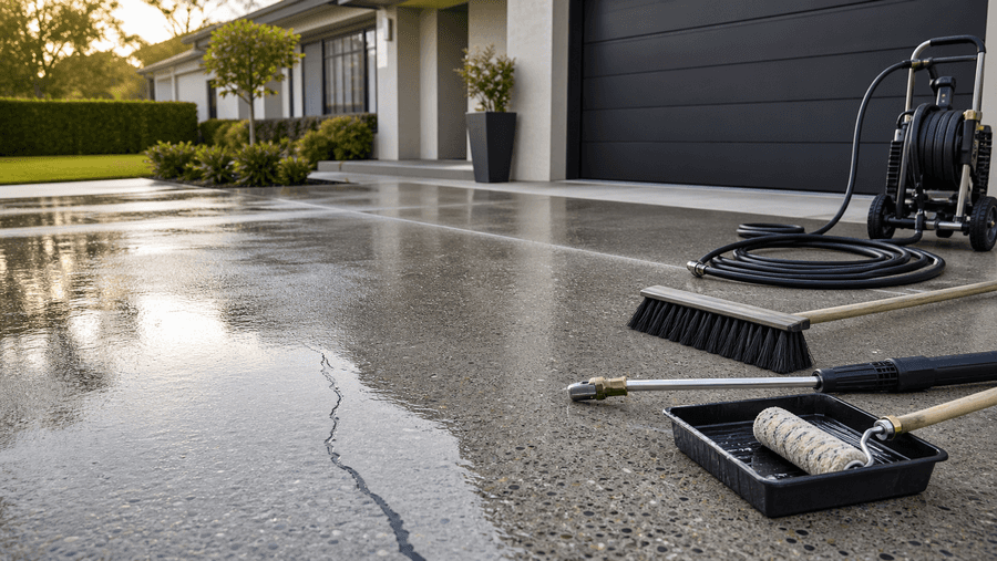 Concrete driveway maintenance tools arranged on a clean wet residential driveway