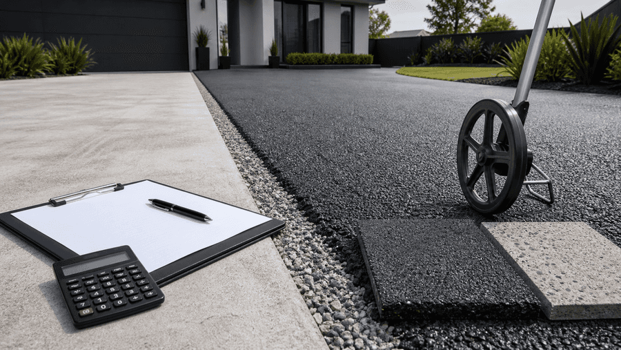 Hot mix asphalt and concrete driveway surface comparison with measuring tools