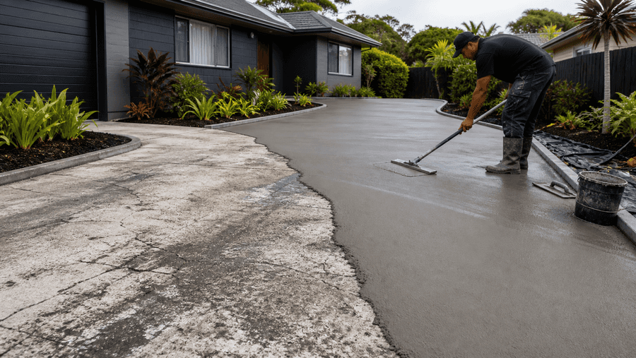 Contractor resurfacing a worn South Hills concrete driveway beside a home